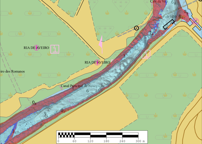 Imagem das Águas Livres com 1.5m de maré considerando um resguardo abaixo da quilha de 5.5 m