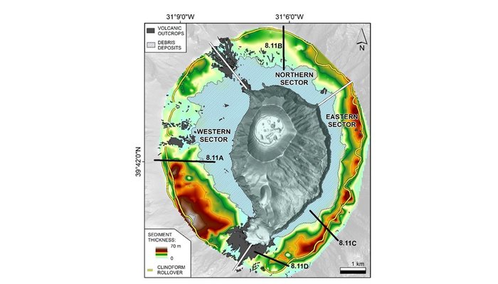 Espessura da cobertura sedimentar (em m) na plataforma insular, estimada a partir de dados de reflexão sísmica, com tamanho de célula de 50 m²