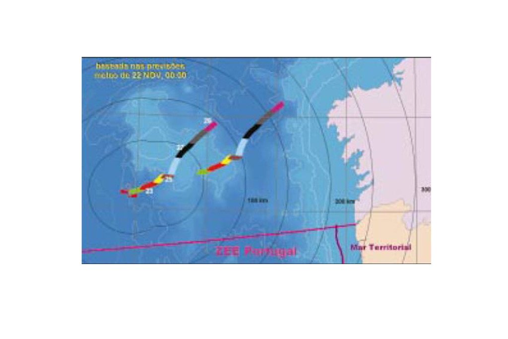 Previsão de deriva de 22 de Novembro - 3 dias após o afundamento do Prestige