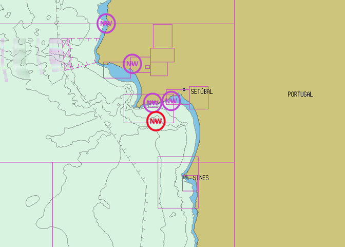 Visualization of navigational warnings overlaid on the electronic navigational chart (ENC).