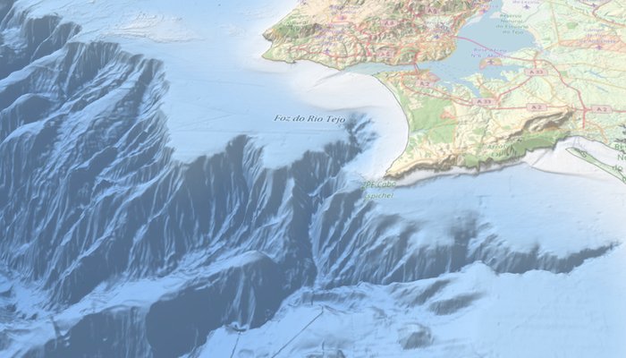 Visualização 3D da costa de Portugal, junto à Foz do rio Tejo